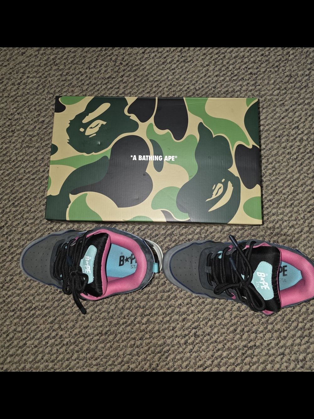 Bape Men's Gray Sneakers with Pink and Teal Accents